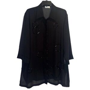 Ulla Popken Black Sequin Sheer 3/4 Sleeve Button Up Tunic Blouse Top Sz 16/18